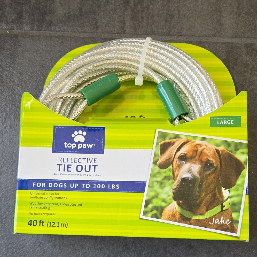 Top Paw Reflective Tie Out Cable - Green and Silver